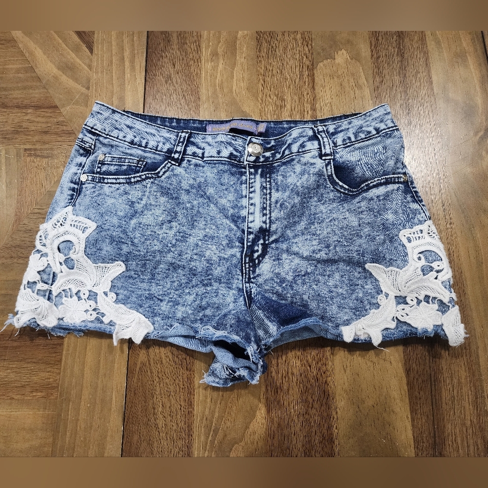 Boom Boom Denim Jean Shorts Sz 13 Lace Overlay Fringed Teenagers Youth